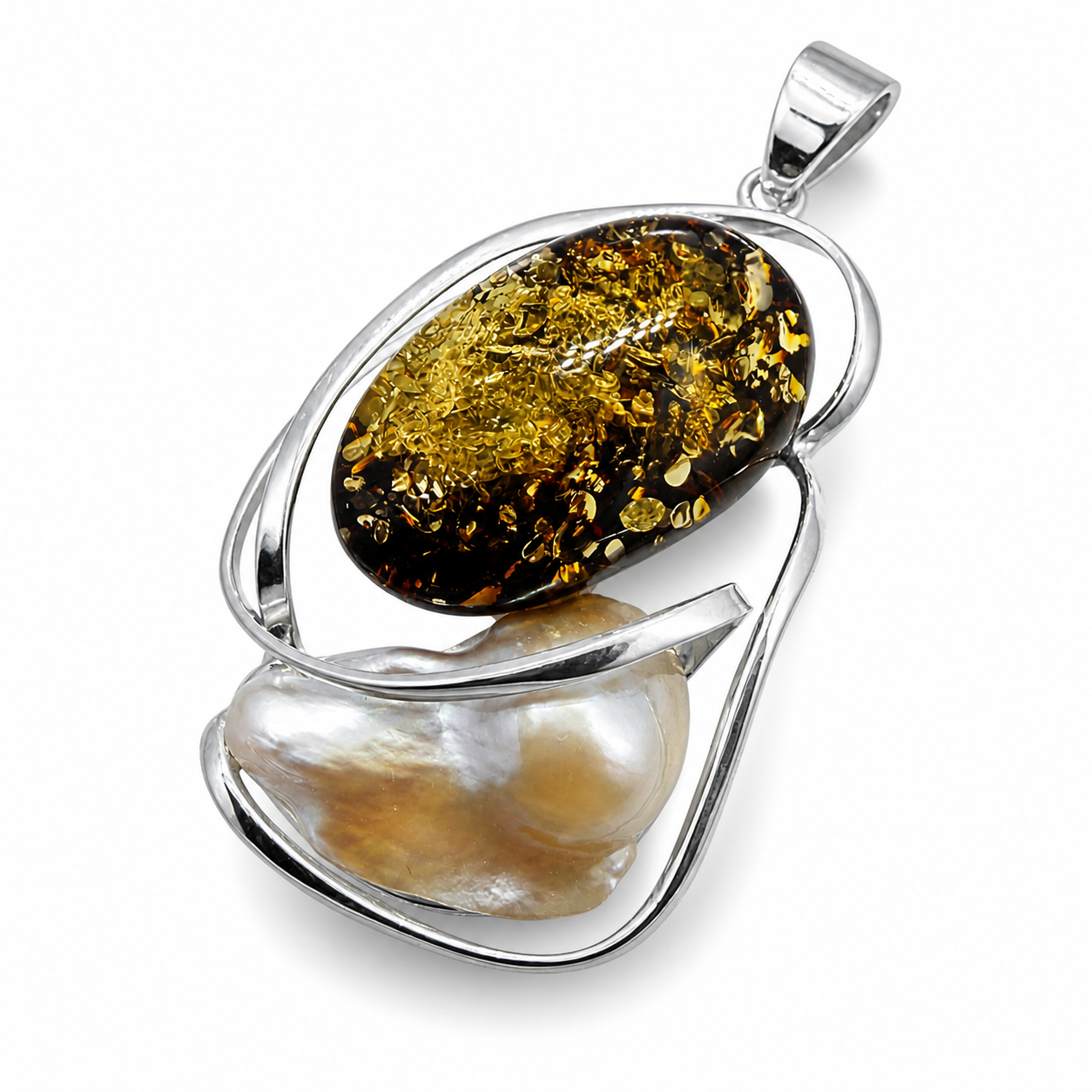 Baltic Amber & Keshi Pearl Pendant – Sterling Silver Necklace | Choice of Honey Cognac or Green Amber | One of a Kind