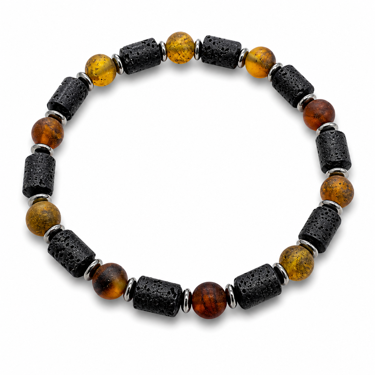 Baltic Amber & Lava Men’s Stretch Bracelet – Matte Butterscotch Amber, Sterling Silver Accents