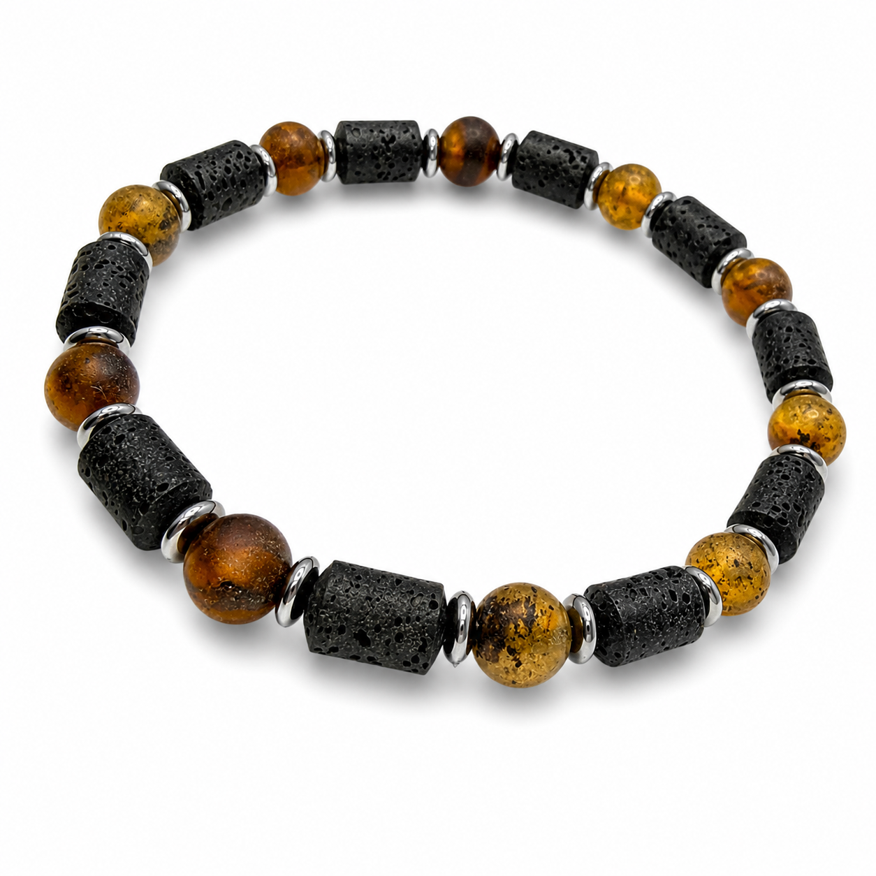 Baltic Amber & Lava Men’s Stretch Bracelet – Matte Butterscotch Amber, Sterling Silver Accents