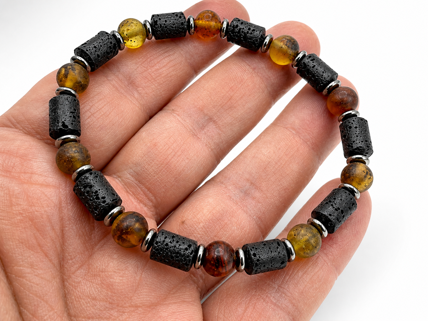 Baltic Amber & Lava Men’s Stretch Bracelet – Matte Butterscotch Amber, Sterling Silver Accents
