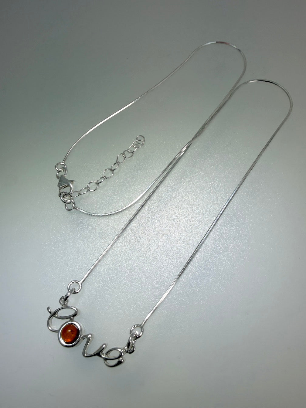 Baltic Amber “Love” Script Necklace – Honey Baltic Amber Accent – Adjustable 16” + 1.5” Extension
