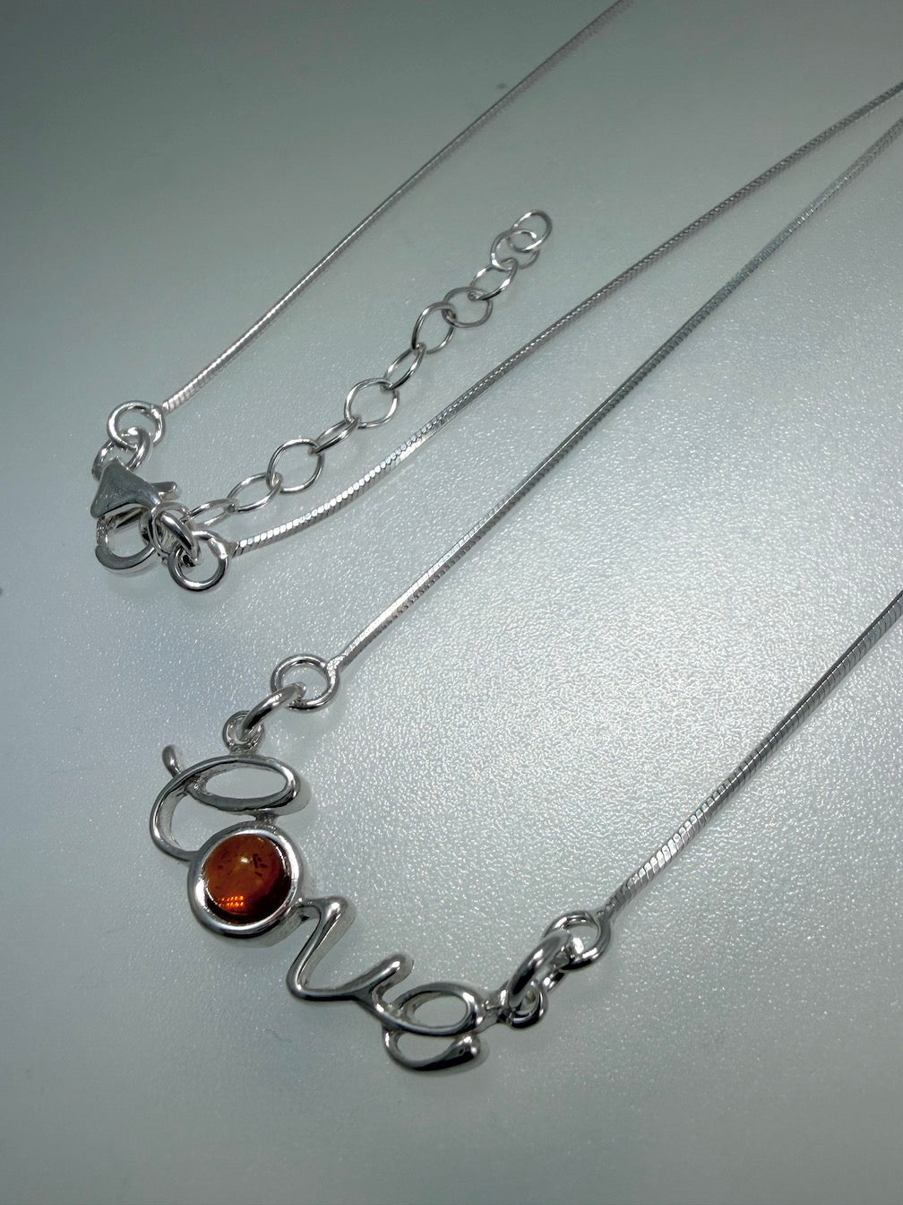 Baltic Amber “Love” Script Necklace – Honey Baltic Amber Accent – Adjustable 16” + 1.5” Extension