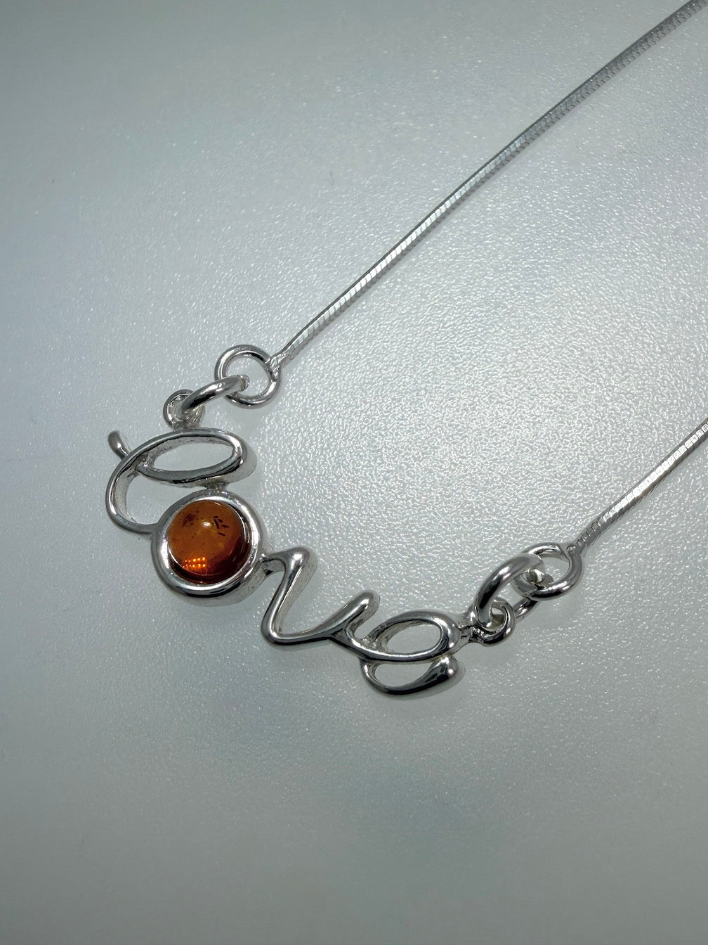 Baltic Amber “Love” Script Necklace – Honey Baltic Amber Accent – Adjustable 16” + 1.5” Extension