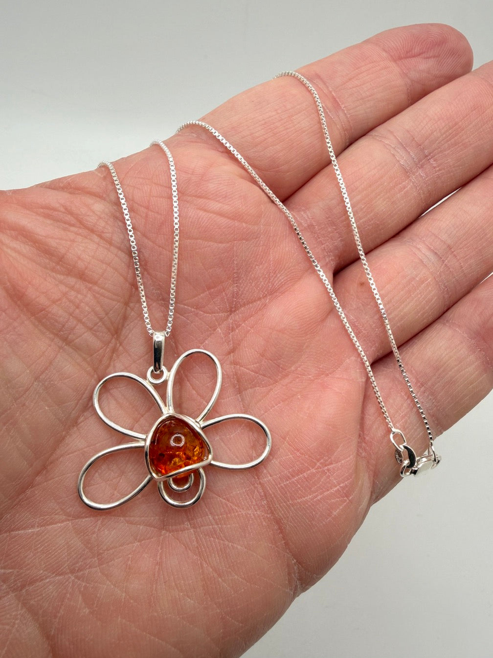 Baltic Amber & Sterling Silver Flower Pendant on Silver Chain