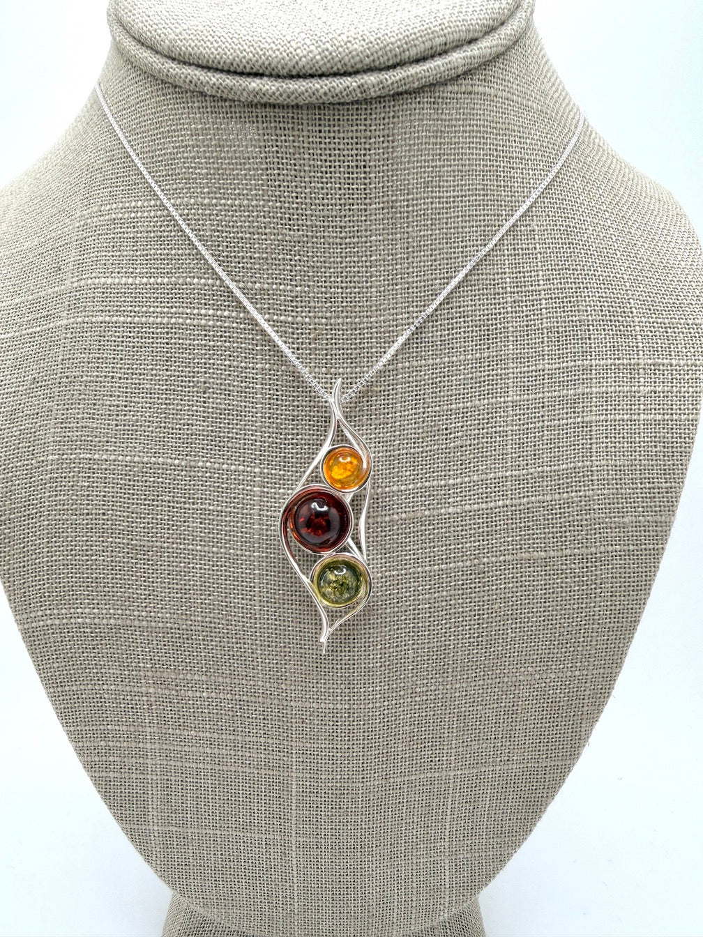 Baltic Amber & Sterling Silver Pod Pendant | Three-Stone Design on Silver Chain