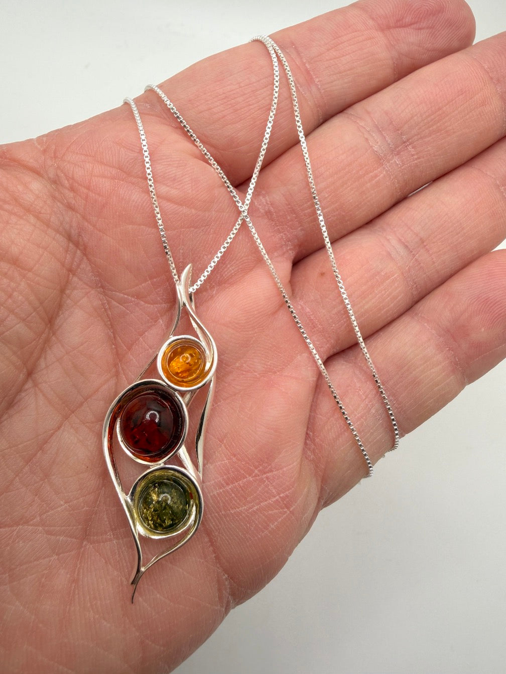 Baltic Amber & Sterling Silver Pod Pendant | Three-Stone Design on Silver Chain