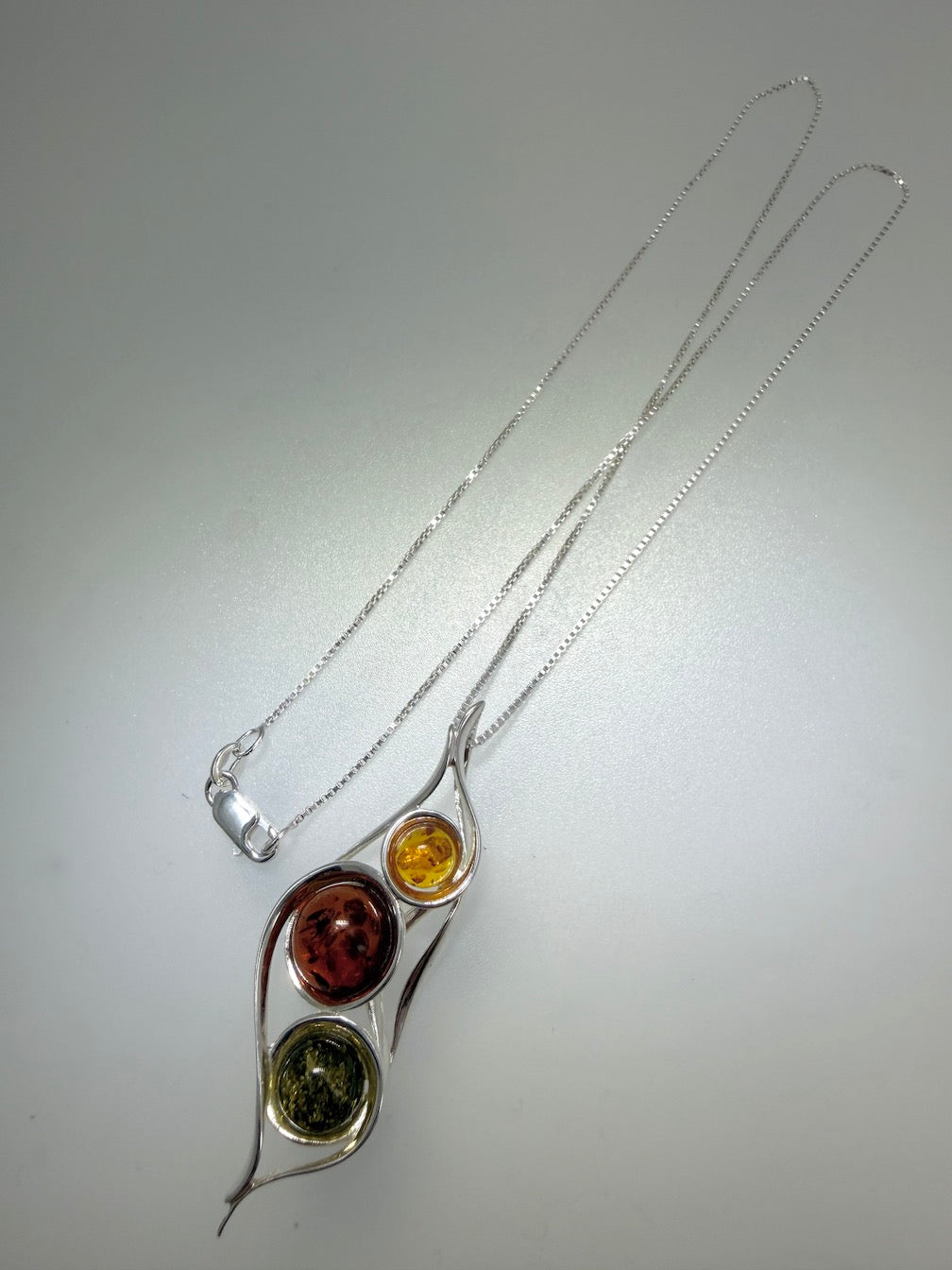 Baltic Amber & Sterling Silver Pod Pendant | Three-Stone Design on Silver Chain