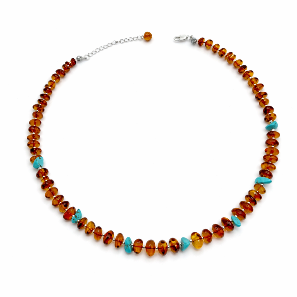 Baltic Amber & Turquoise Necklace – Genuine Amber Beaded Necklace – Cognac Amber with Turquoise Accents 