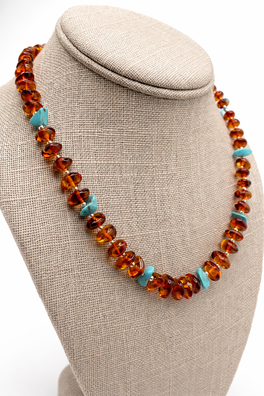 Baltic Amber & Turquoise Necklace – Genuine Amber Beaded Necklace – Cognac Amber with Turquoise Accents 