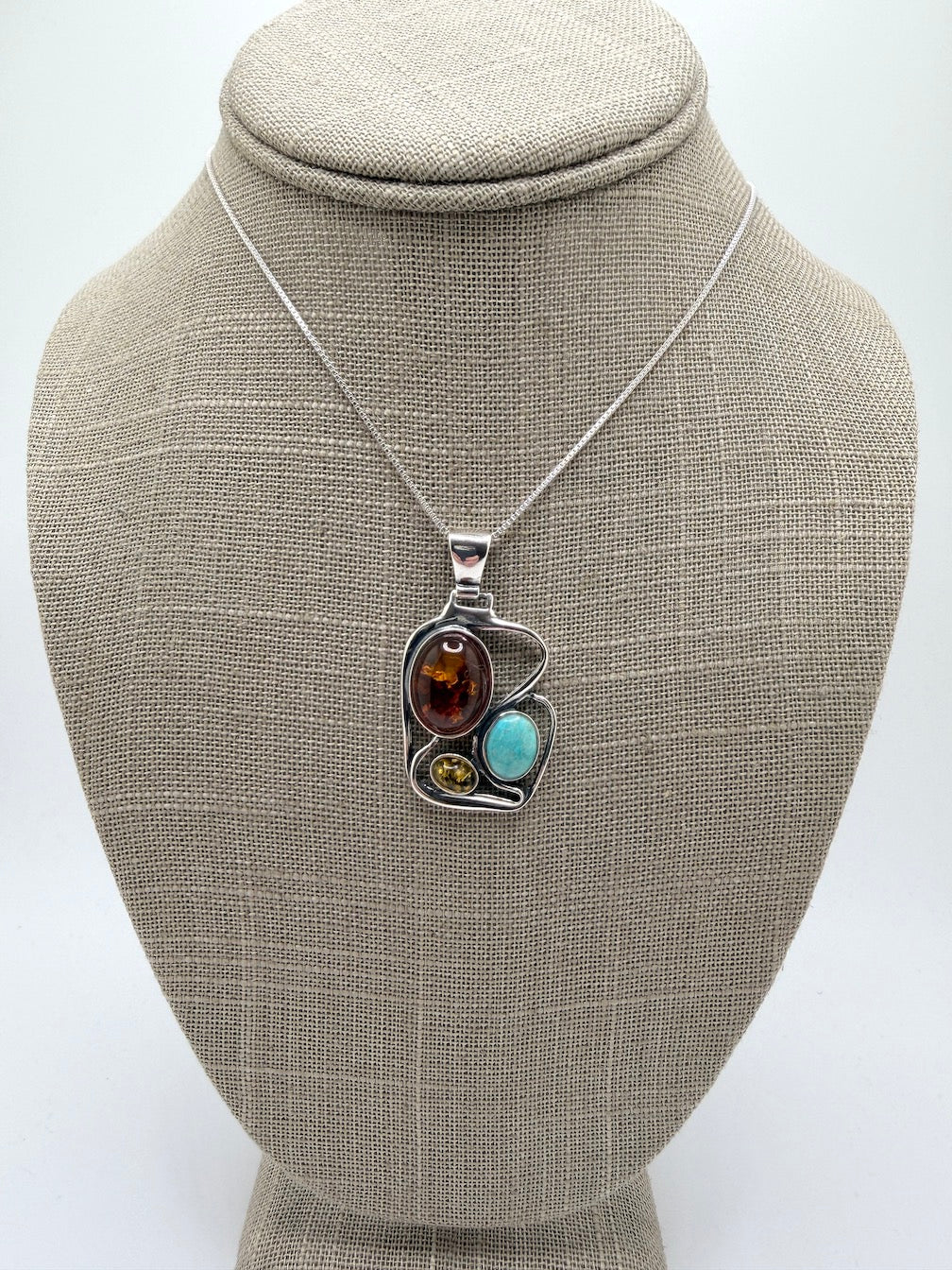 
Baltic Amber & Turquoise Organic Drop Pendant Necklace on Silver Chain