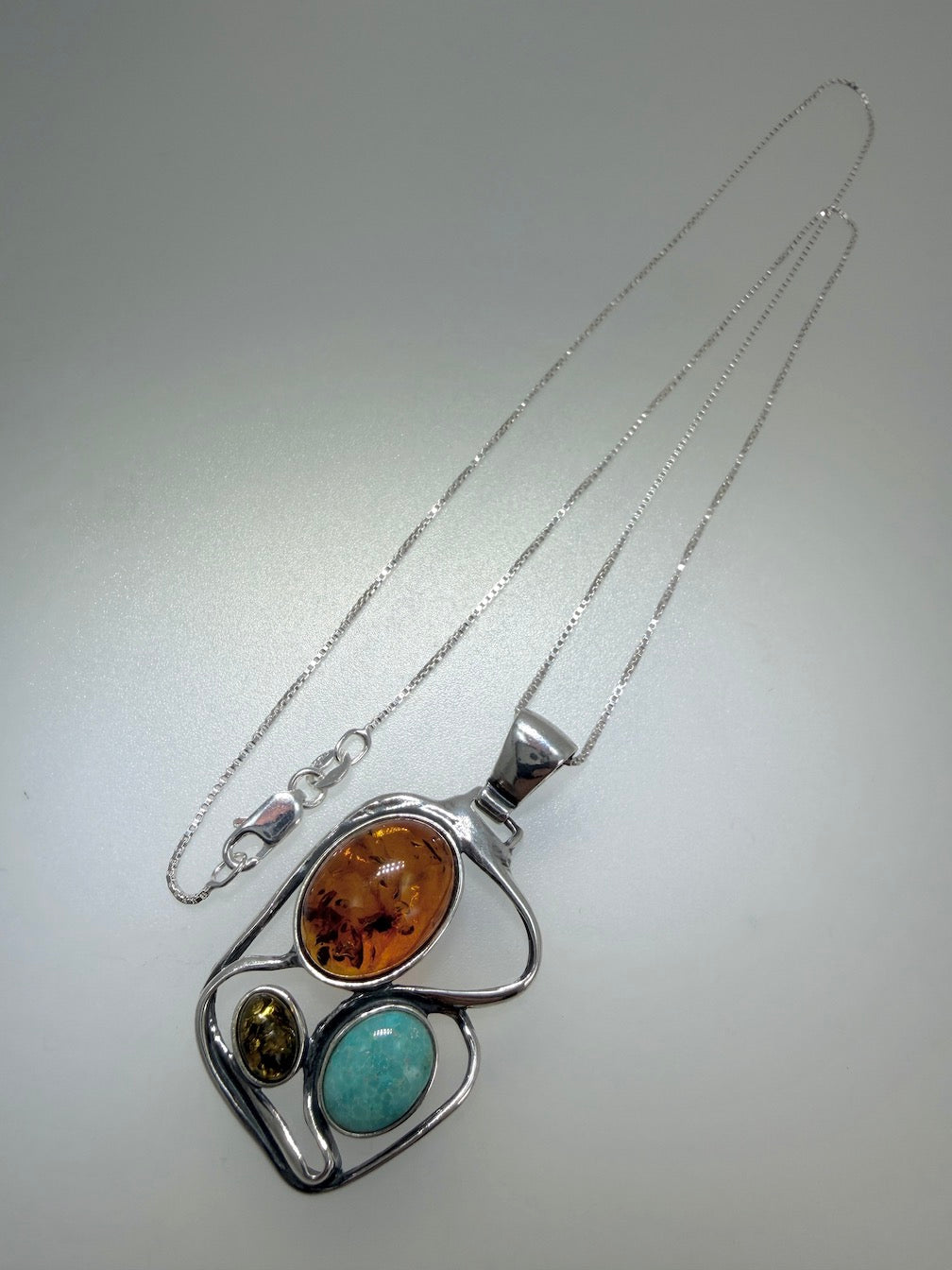 
Baltic Amber & Turquoise Organic Drop Pendant Necklace on Silver Chain