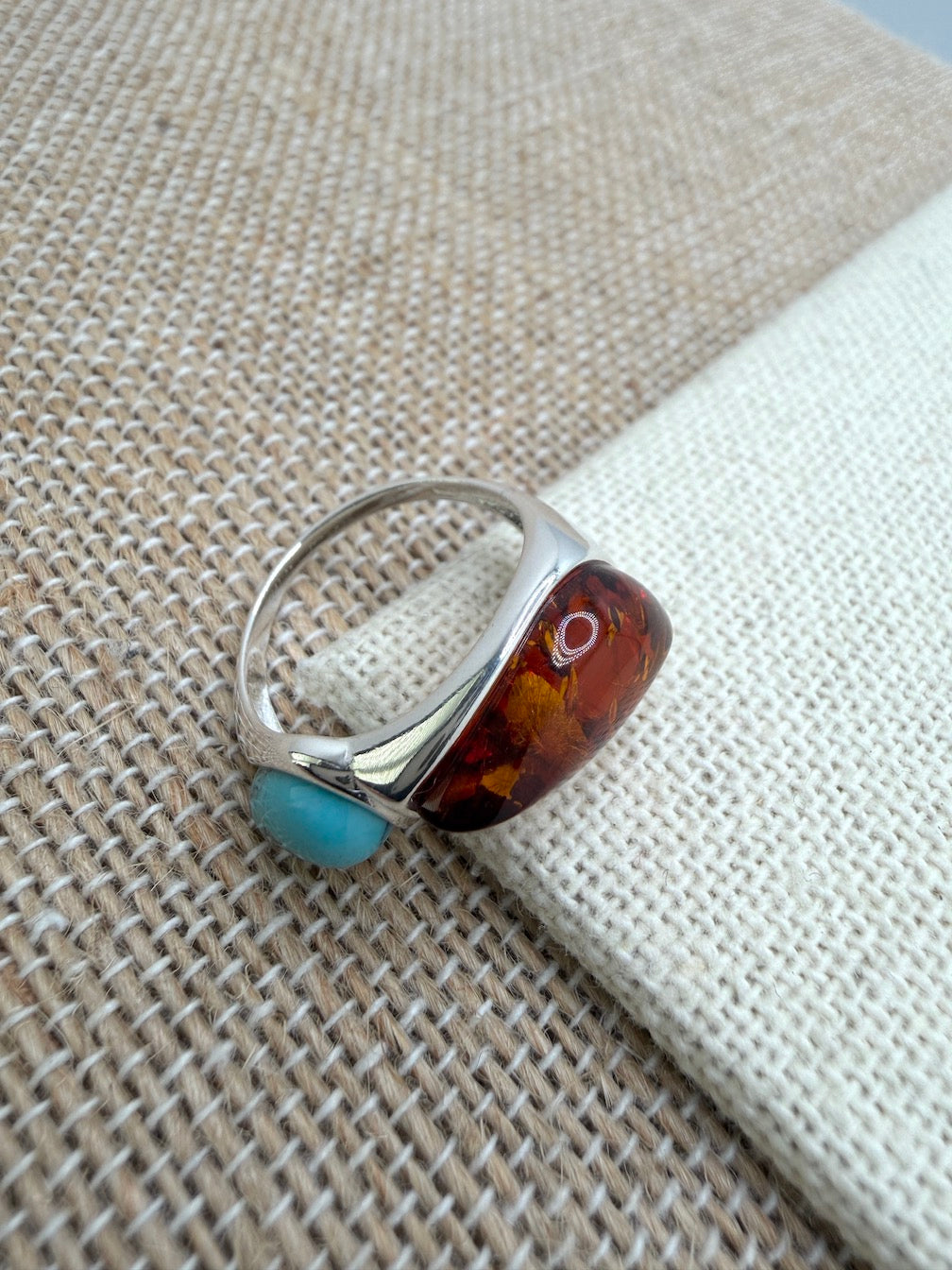 Baltic Amber & Turquoise Sterling Silver Ring – Two-Stone Marquise Design
