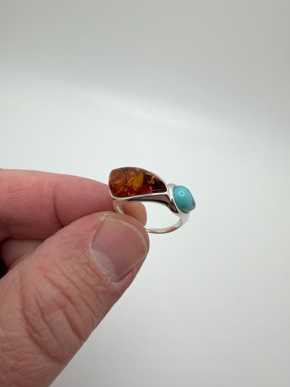 Baltic Amber & Turquoise Sterling Silver Ring – Two-Stone Marquise Design