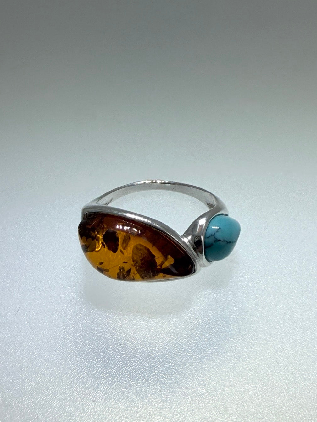 Baltic Amber & Turquoise Sterling Silver Ring – Two-Stone Marquise Design