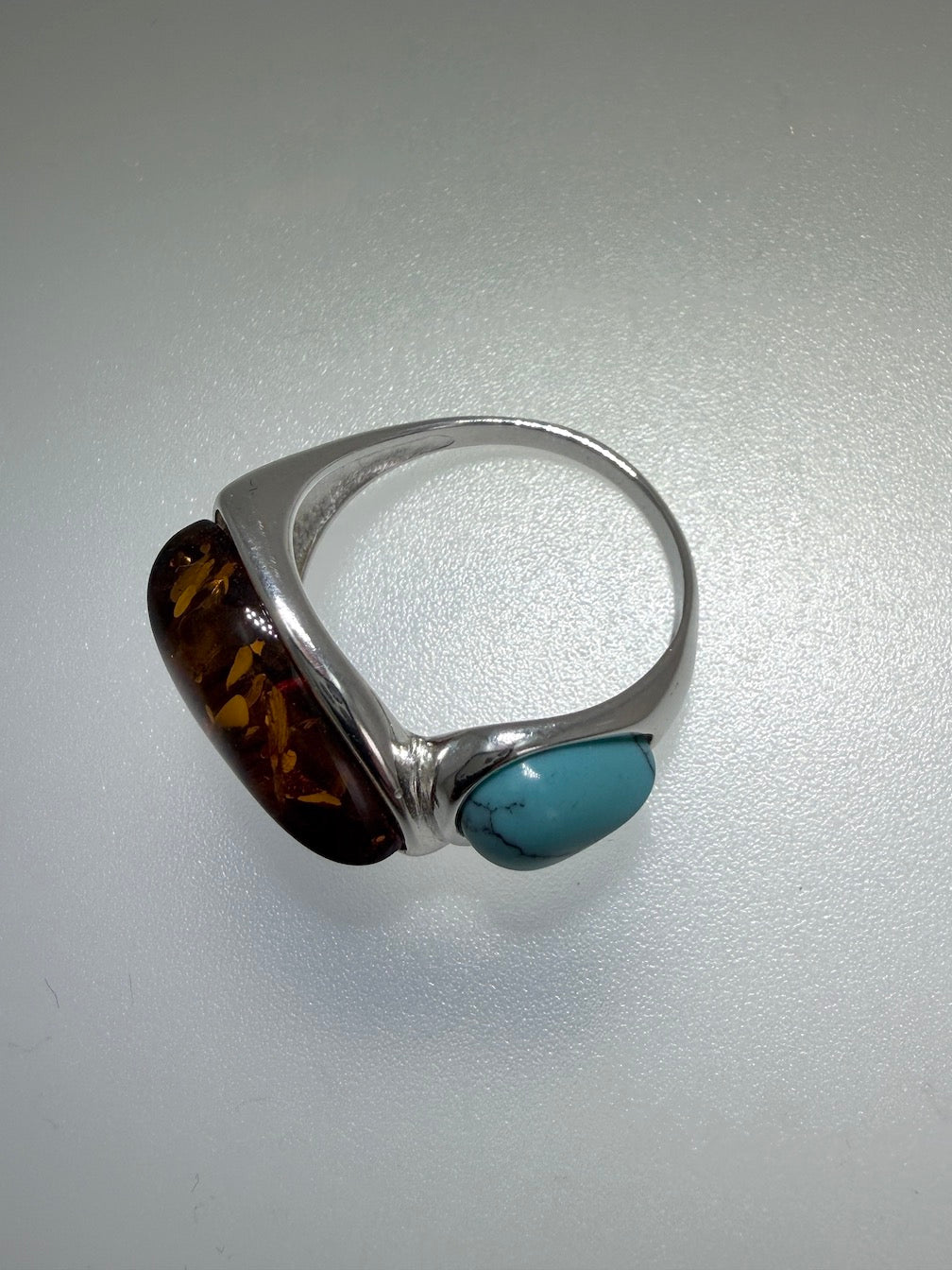 Baltic Amber & Turquoise Sterling Silver Ring – Two-Stone Marquise Design