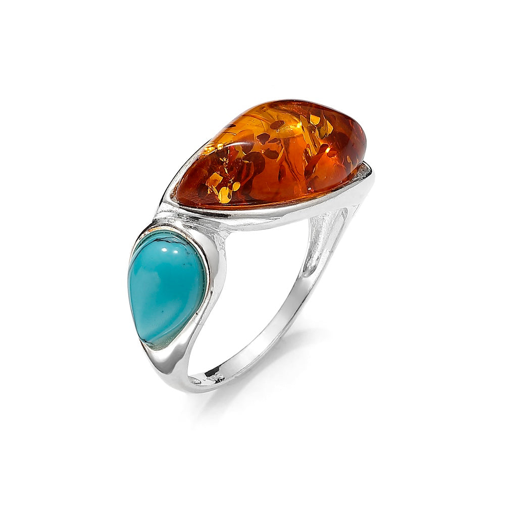 Baltic Amber & Turquoise Sterling Silver Ring – Two-Stone Marquise Design