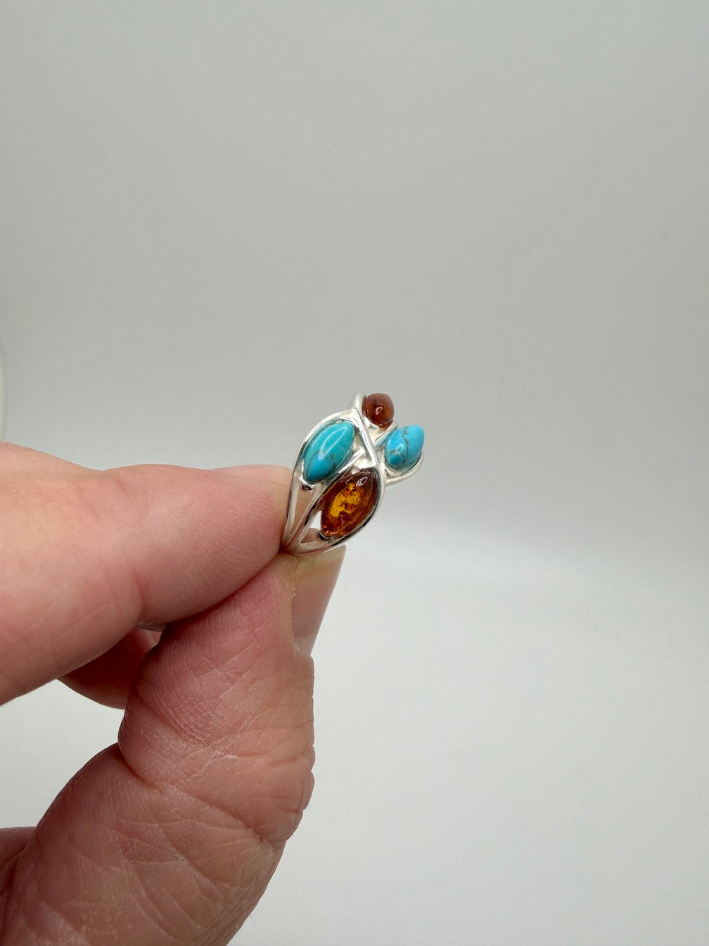Baltic Amber & Turquoise Sterling Silver Ring – Two-Stone Marquise Design