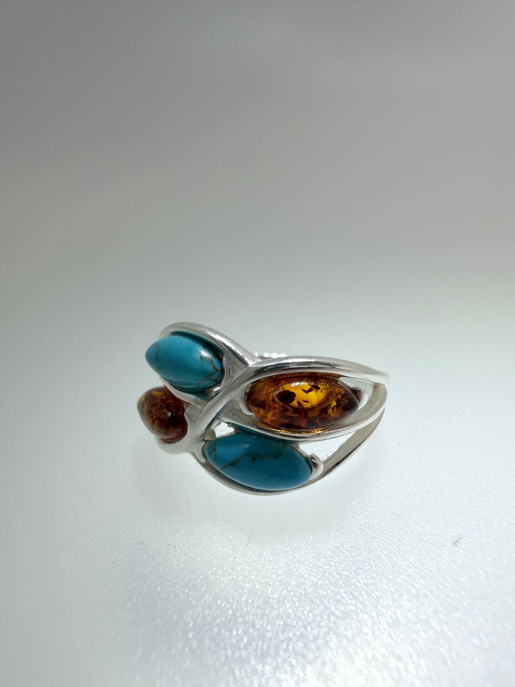 Baltic Amber & Turquoise Sterling Silver Ring – Two-Stone Marquise Design