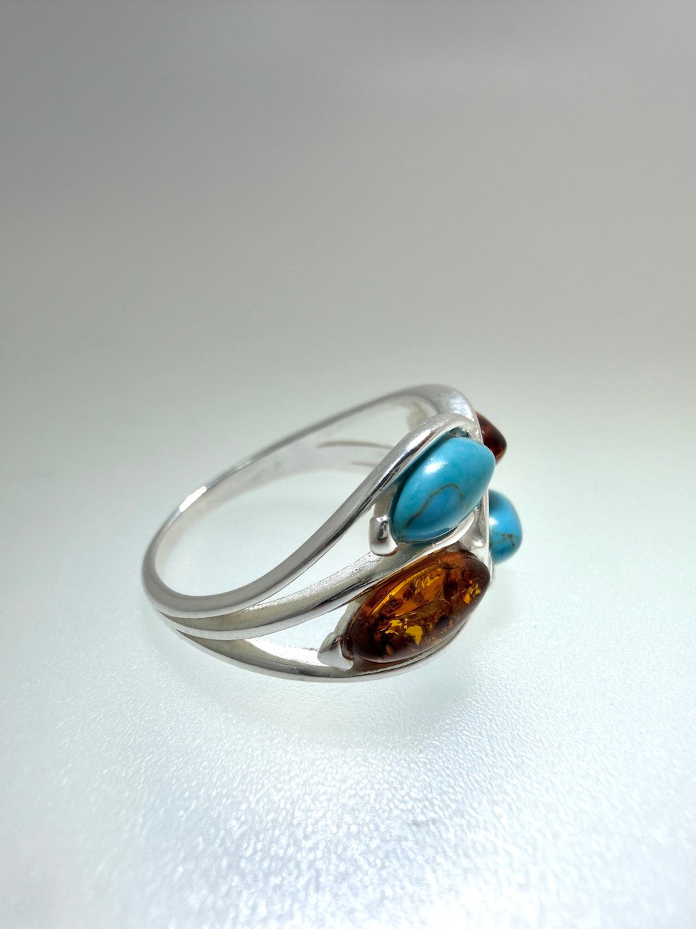 Baltic Amber & Turquoise Sterling Silver Ring – Two-Stone Marquise Design