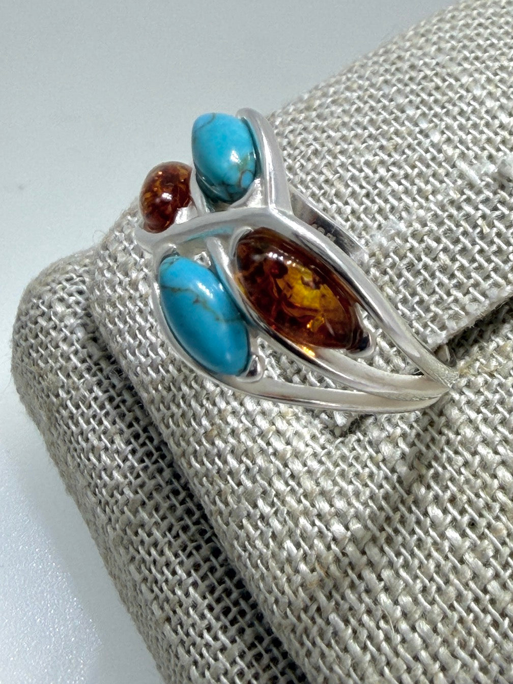 Baltic Amber & Turquoise Sterling Silver Ring – Two-Stone Marquise Design