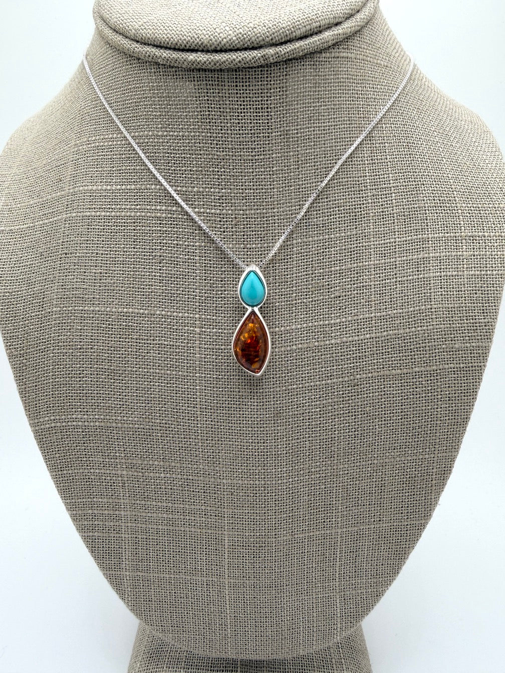 Baltic Amber & Turquoise Two Stone Drop Necklace – Honey Amber Marquise & Blue Green Turquoise – 18” Box Chain