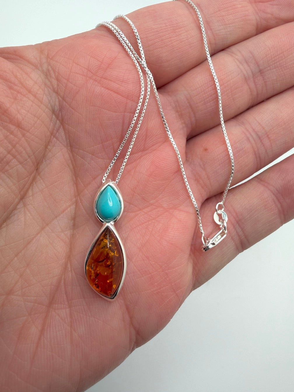Baltic Amber & Turquoise Two Stone Drop Necklace – Honey Amber Marquise & Blue Green Turquoise – 18” Box Chain