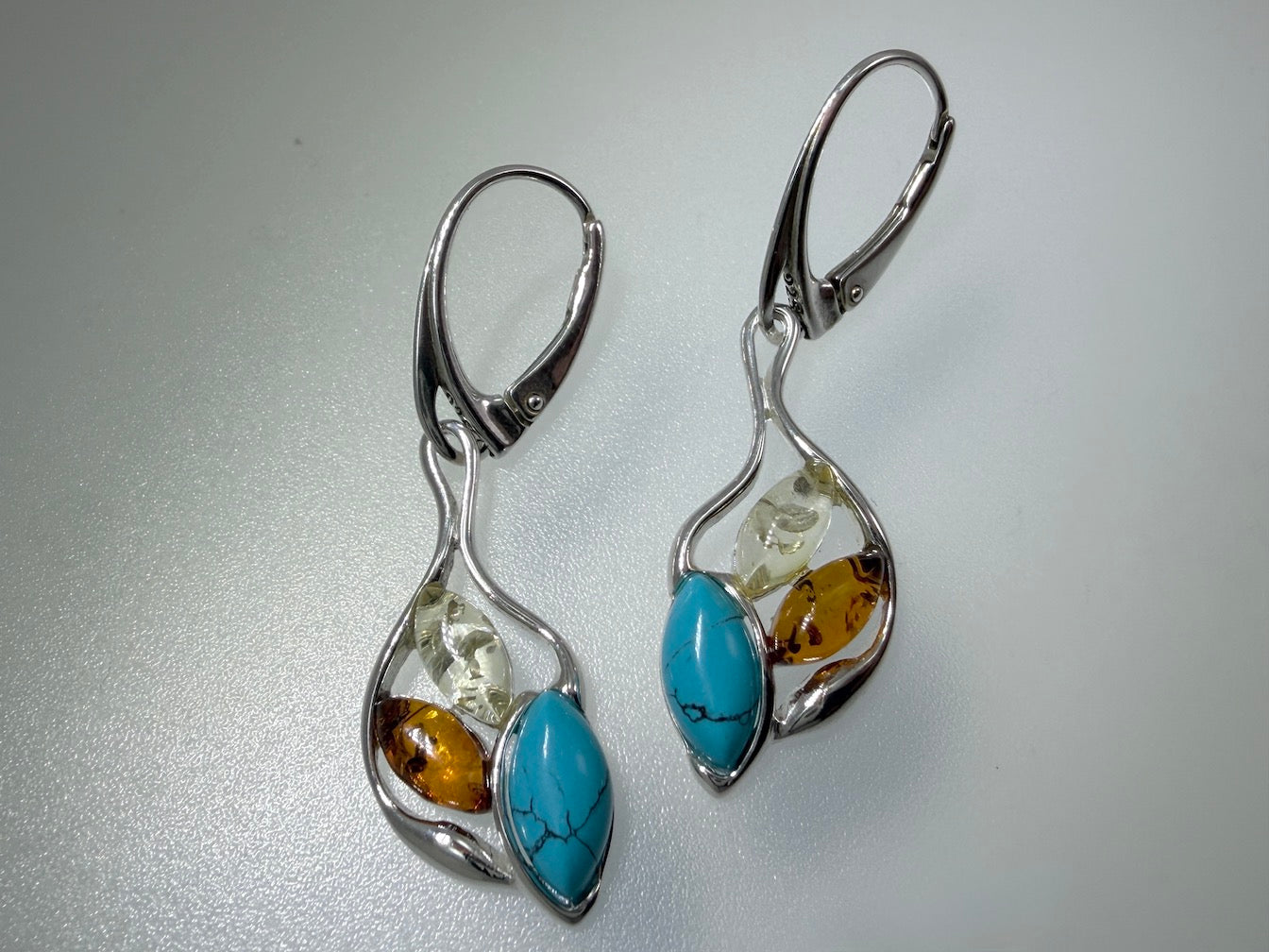 Baltic Amber and Sterling 925 Silver & Turquoise Drop Lever Back Earrings – Multicolor Honey and Lemon Amber