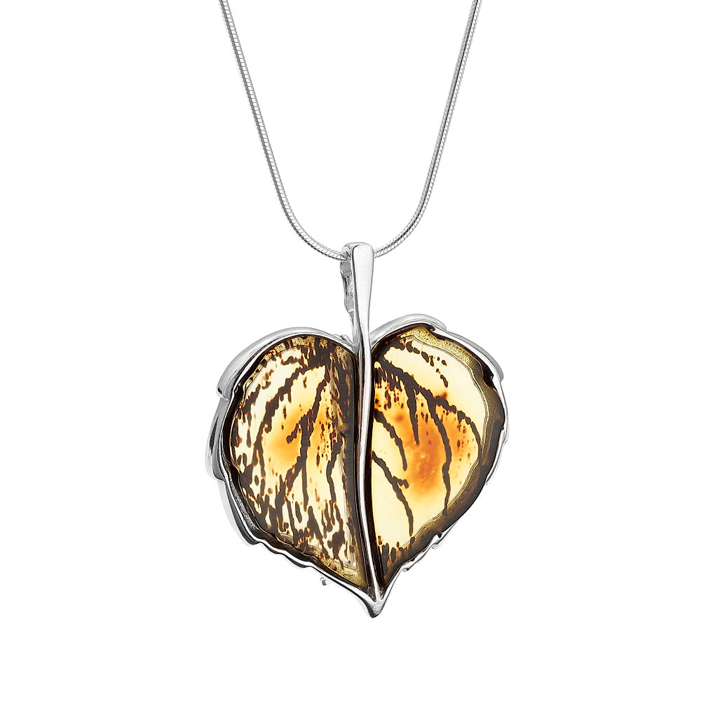 Baltic Amber and Sterling Silver Carved Leaf Pendant Necklace / Convertible Brooch