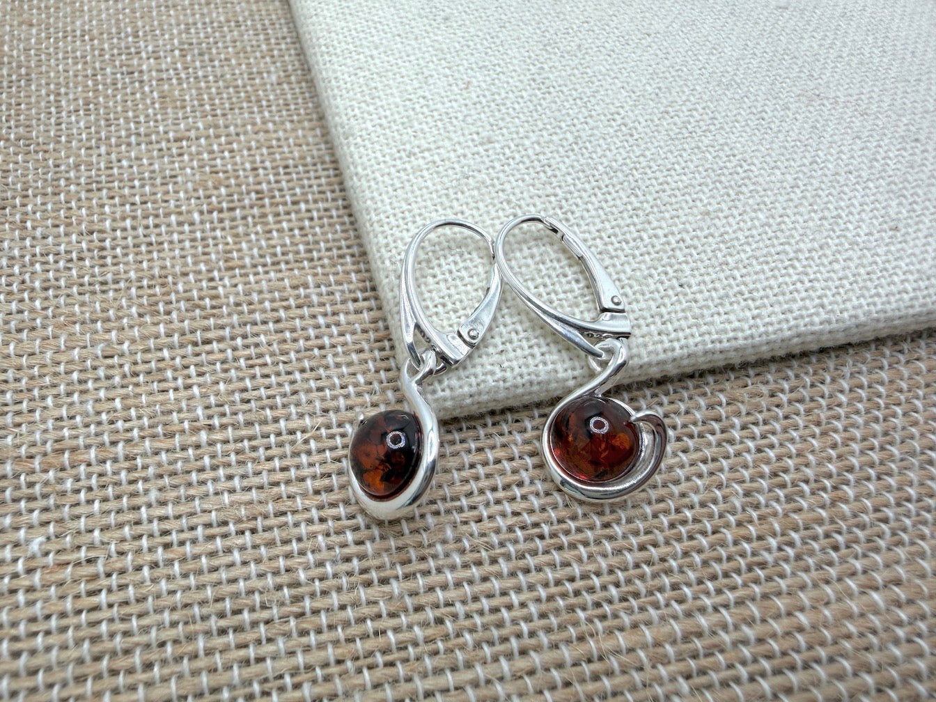 Baltic Amber and Sterling Silver Honey Drop Lever Back Swirl Design Earrings