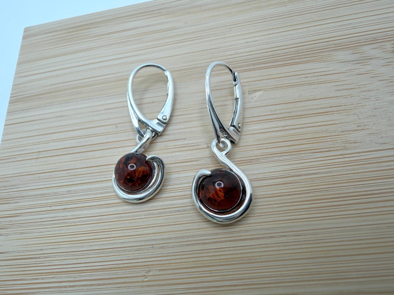 Baltic Amber and Sterling Silver Honey Drop Lever Back Swirl Design Earrings