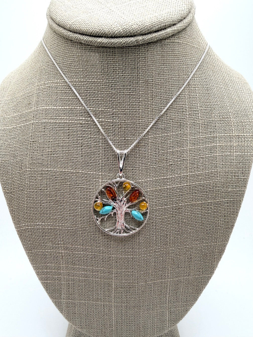 Baltic Amber and Turquoise Tree of Life Pendant on Silver Chain