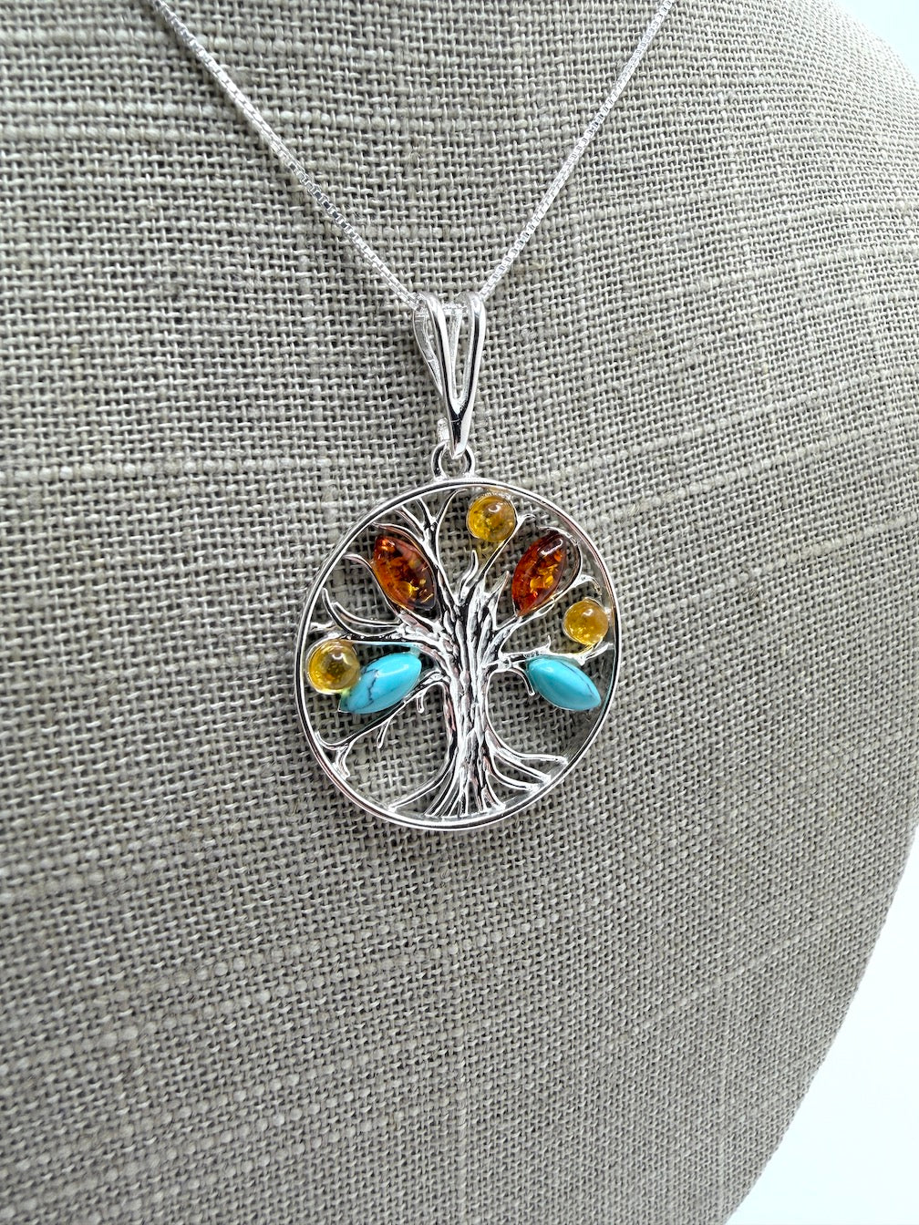 Baltic Amber and Turquoise Tree of Life Pendant on Silver Chain