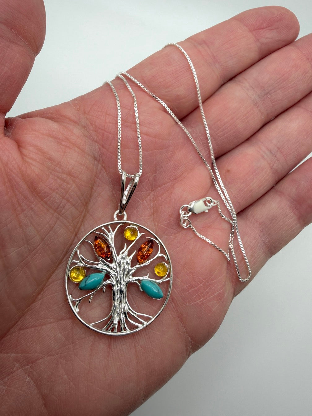 Baltic Amber and Turquoise Tree of Life Pendant on Silver Chain