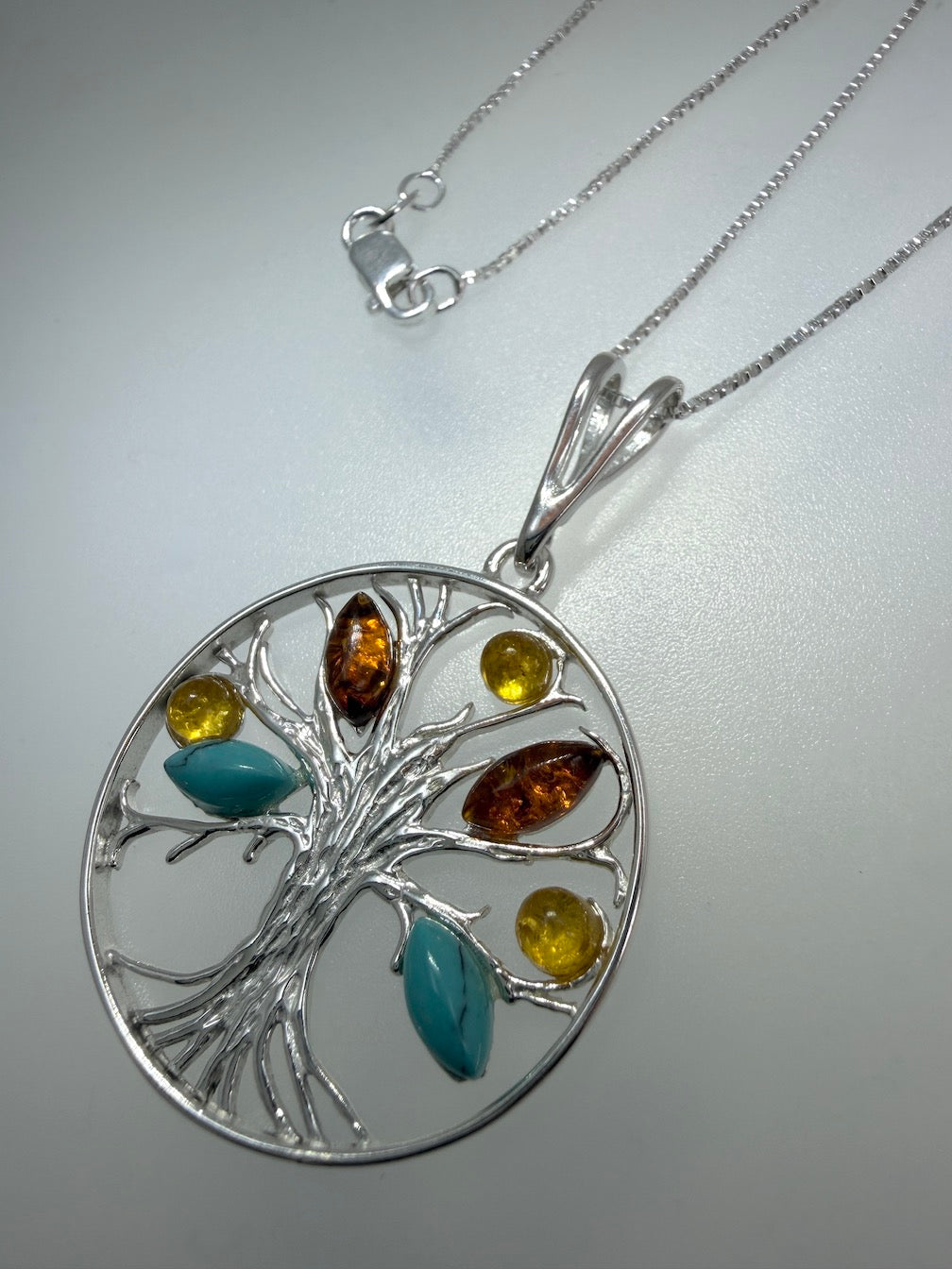 Baltic Amber and Turquoise Tree of Life Pendant on Silver Chain