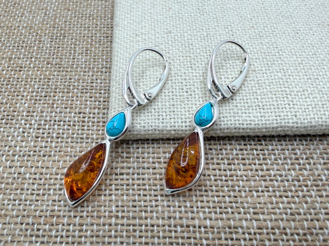 Baltic Amber in Sterling 925 Silver & Turquoise Drop Lever Back Earrings – Multicolor Honey and Lemon Amber