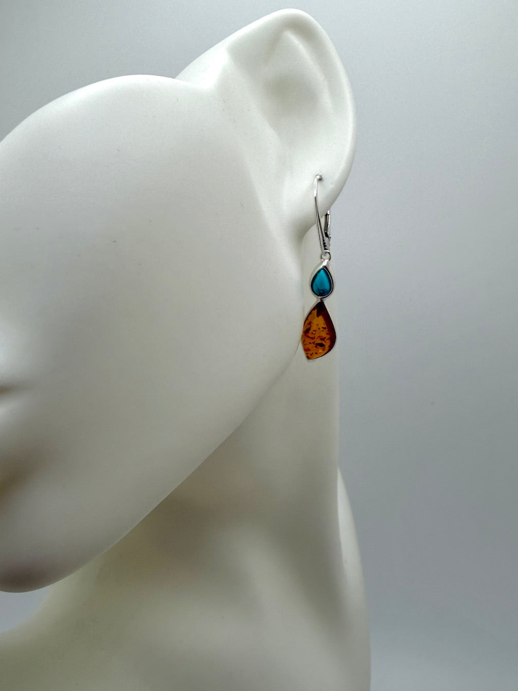 Baltic Amber in Sterling 925 Silver & Turquoise Drop Lever Back Earrings – Multicolor Honey and Lemon Amber