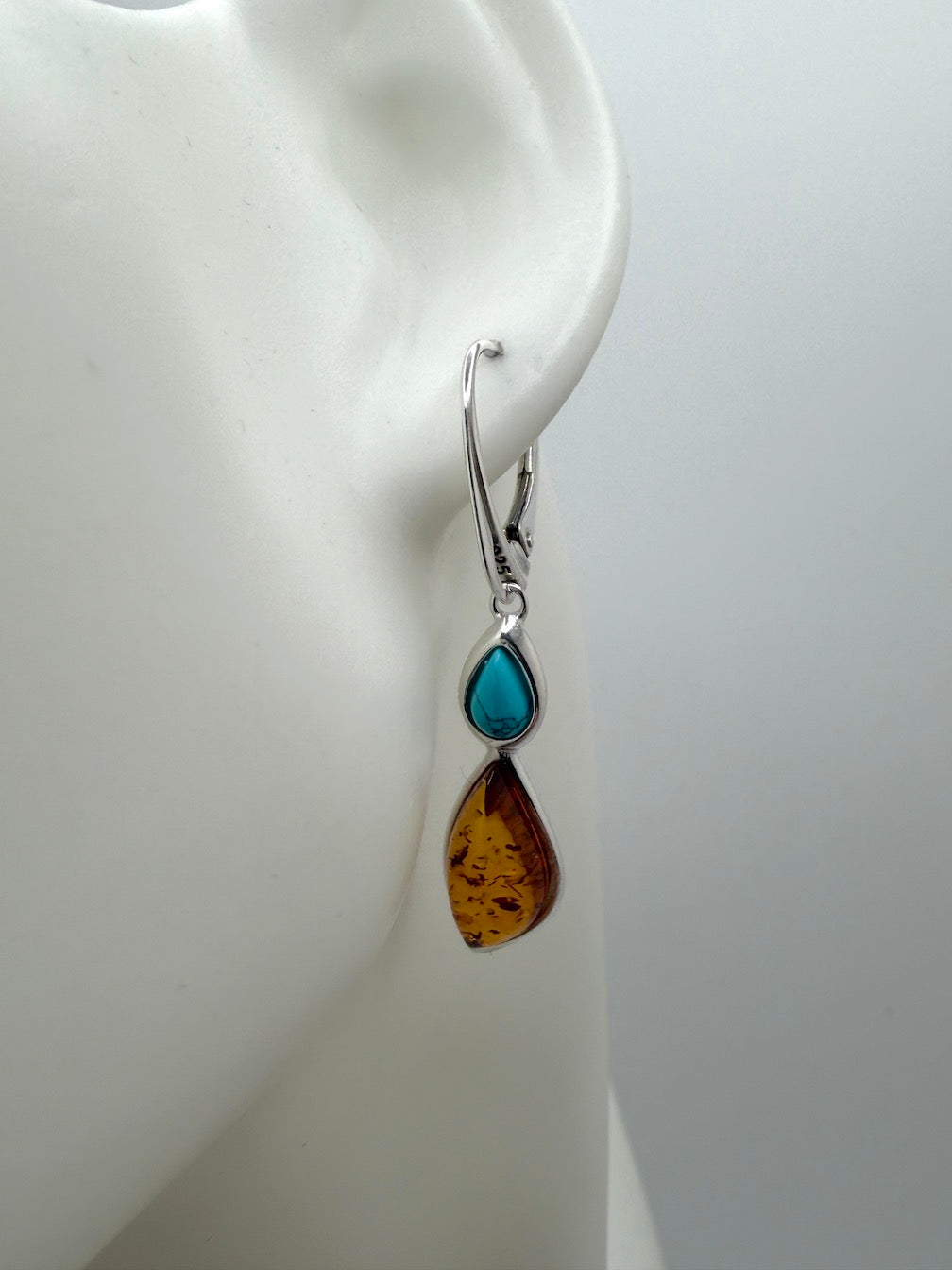 Baltic Amber in Sterling 925 Silver & Turquoise Drop Lever Back Earrings – Multicolor Honey and Lemon Amber