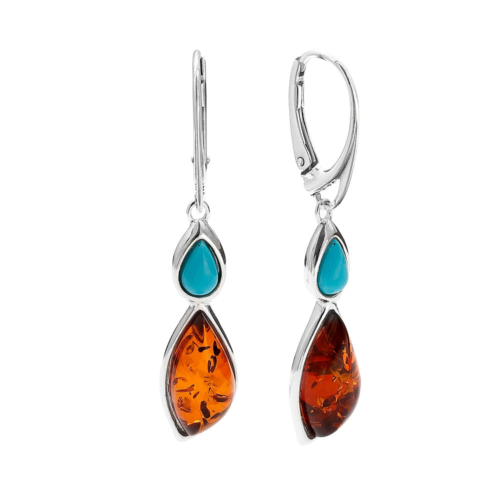 Baltic Amber in Sterling 925 Silver & Turquoise Drop Lever Back Earrings – Multicolor Honey and Lemon Amber