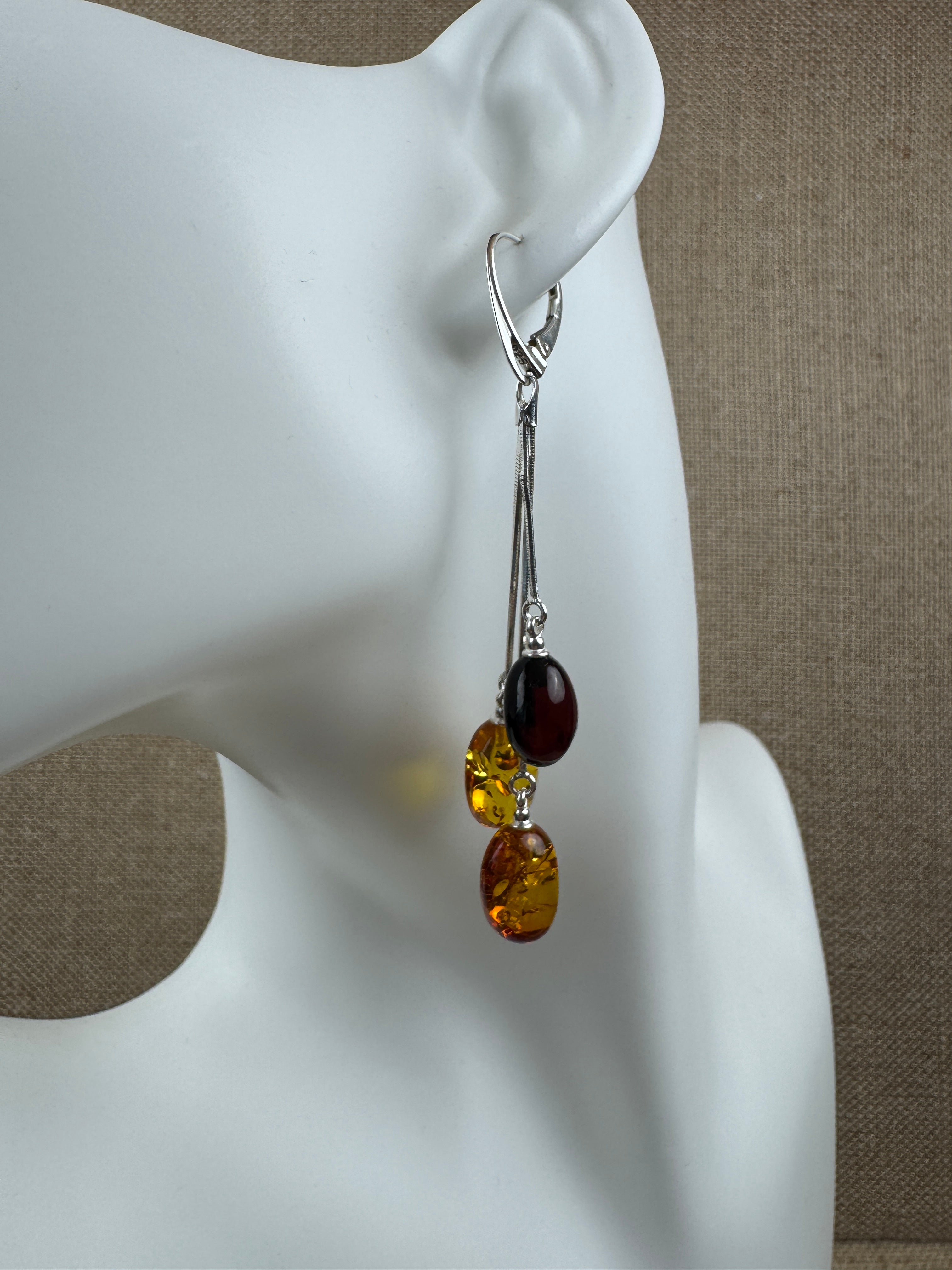 Baltic Amber Trio Drop Earrings | Handmade in Lithuania | Sterling Silver Lever Back Design