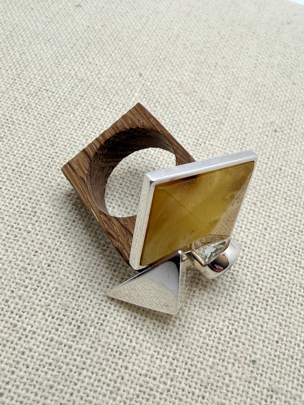Black Oak, Sterling Silver & Genuine Baltic Butterscotch Amber Avant-Garde with Pyramids - Ambermoda Designer Ring
