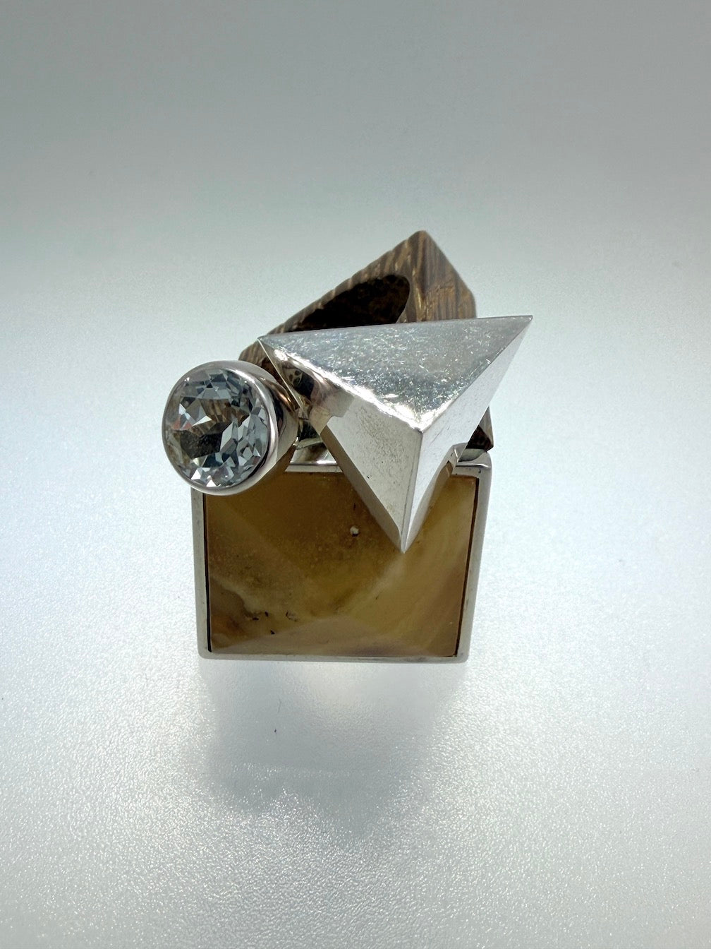 Black Oak, Sterling Silver & Genuine Baltic Butterscotch Amber Avant-Garde with Pyramids - Ambermoda Designer Ring
