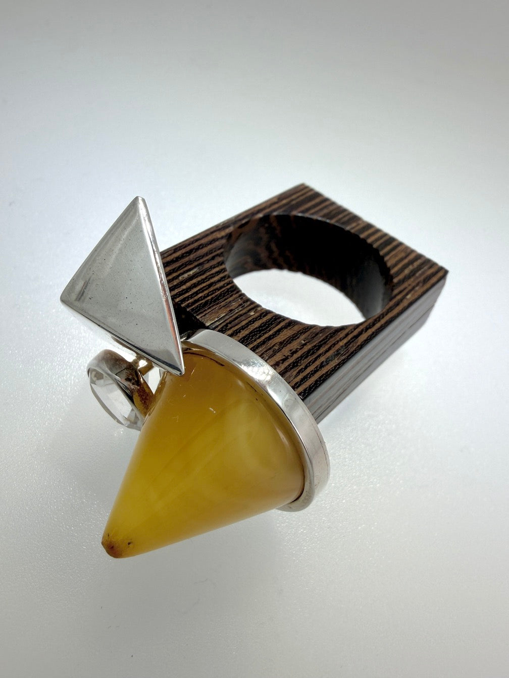 Black Oak, Sterling Silver & Genuine Baltic Butterscotch Ambermoda Amber Ring with Cone and Pyramid Design