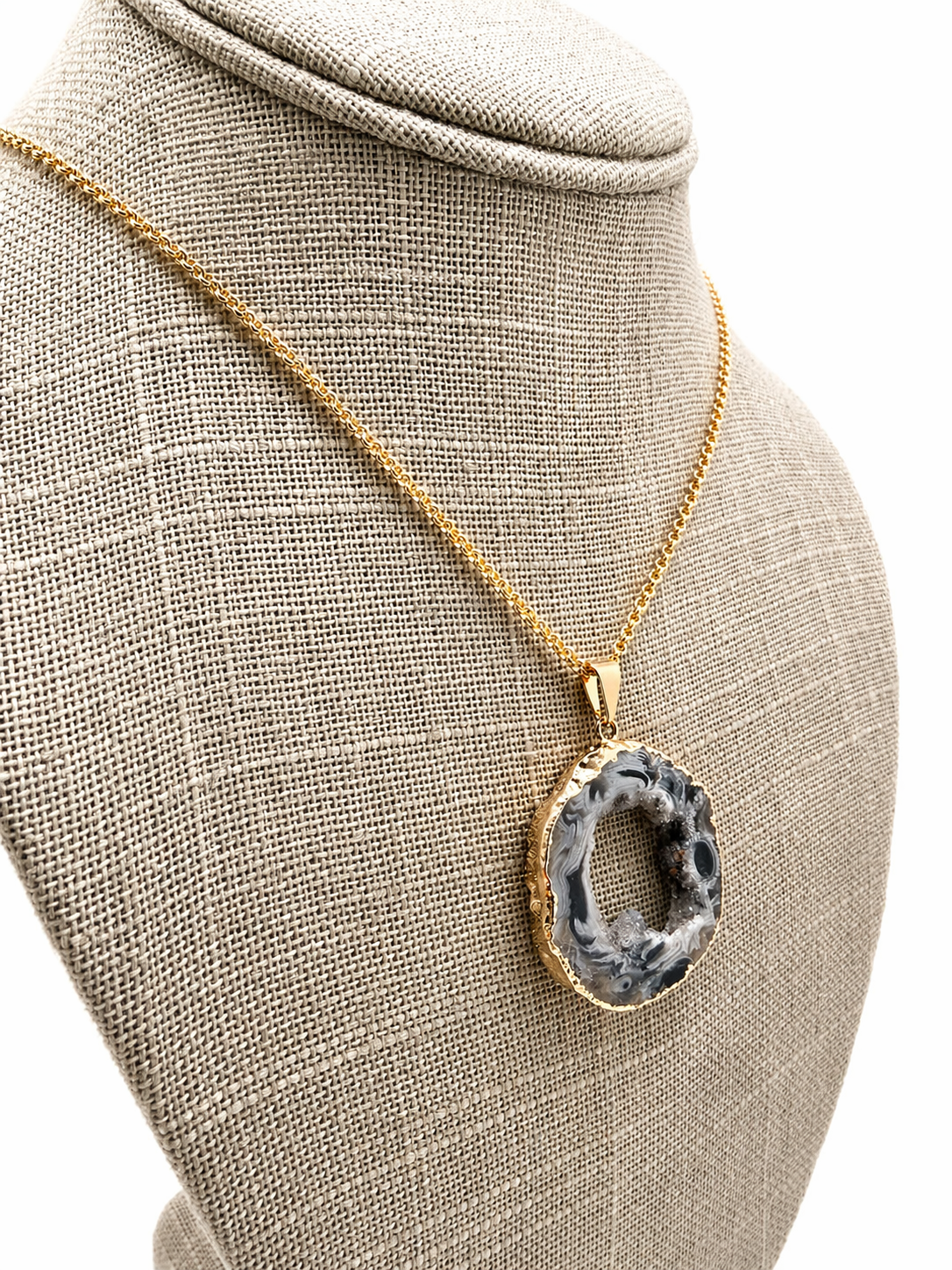Blue Druzy Agate Oval Pendant Necklace, Gold Plated 18 Inch Chain, Handmade Brazil Gemstone Jewelry, Unique One of a Kind Statement Necklace