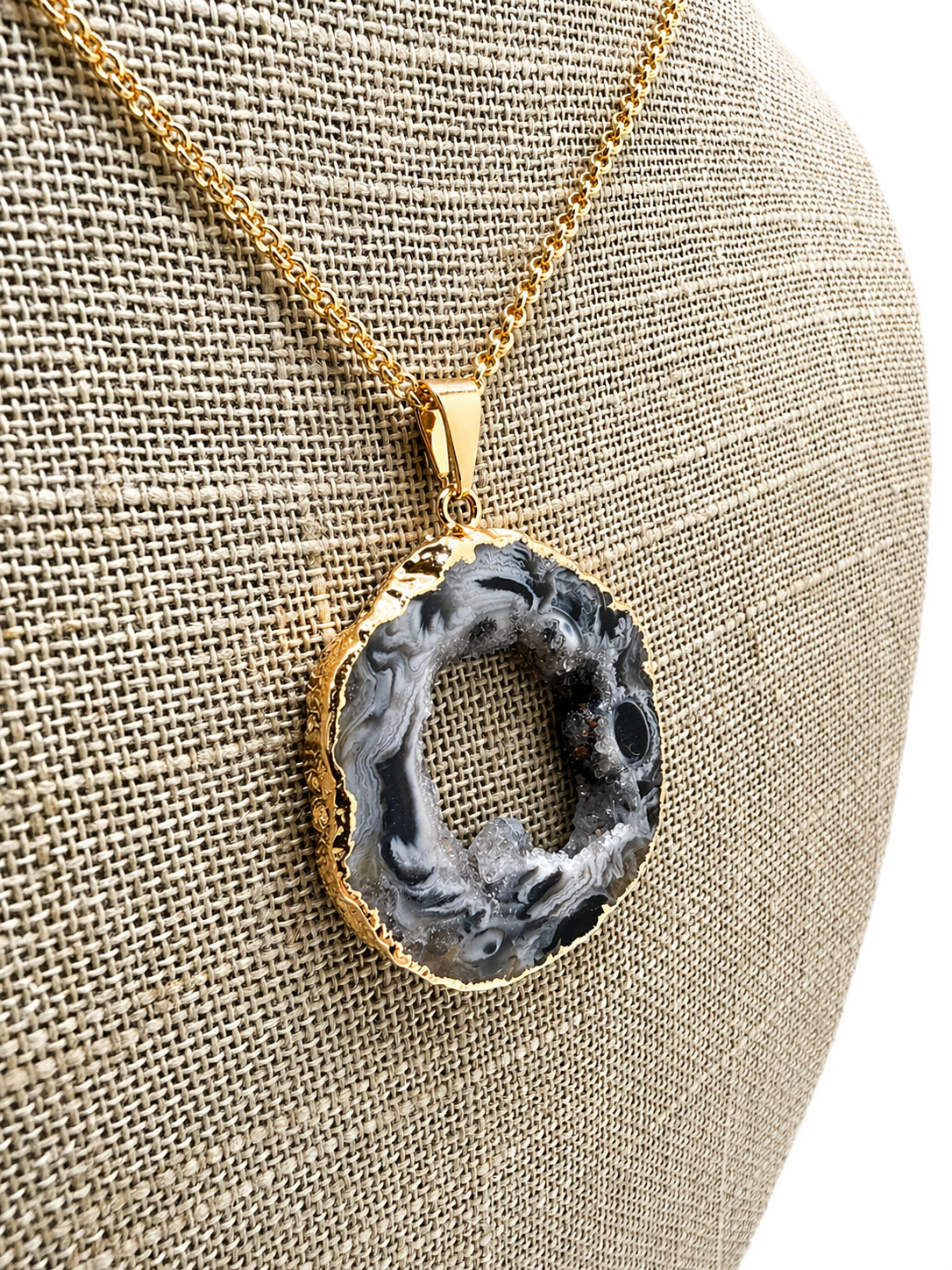 Blue Druzy Agate Oval Pendant Necklace, Gold Plated 18 Inch Chain, Handmade Brazil Gemstone Jewelry, Unique One of a Kind Statement Necklace