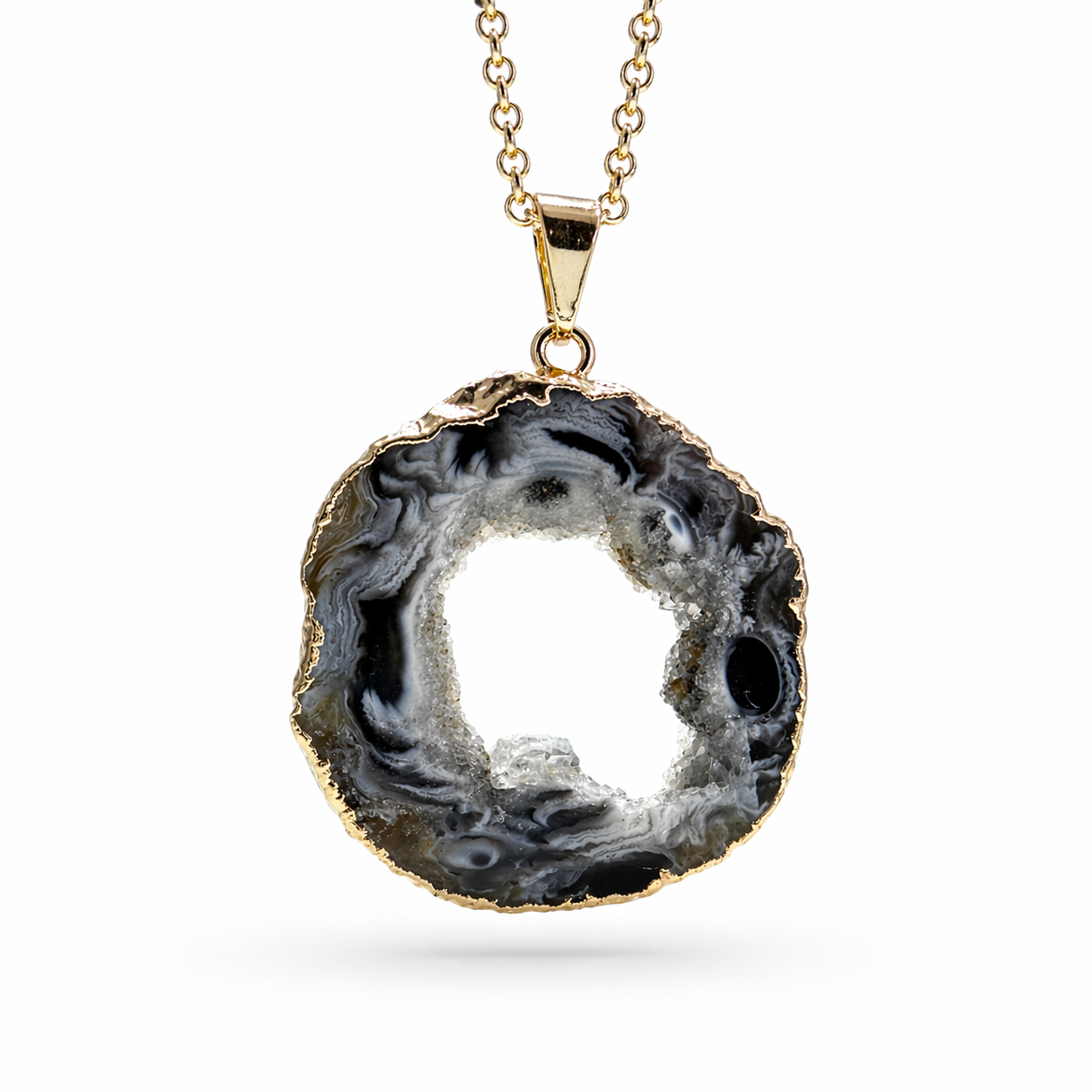 Blue Druzy Agate Oval Pendant Necklace, Gold Plated 18 Inch Chain, Handmade Brazil Gemstone Jewelry, Unique One of a Kind Statement Necklace