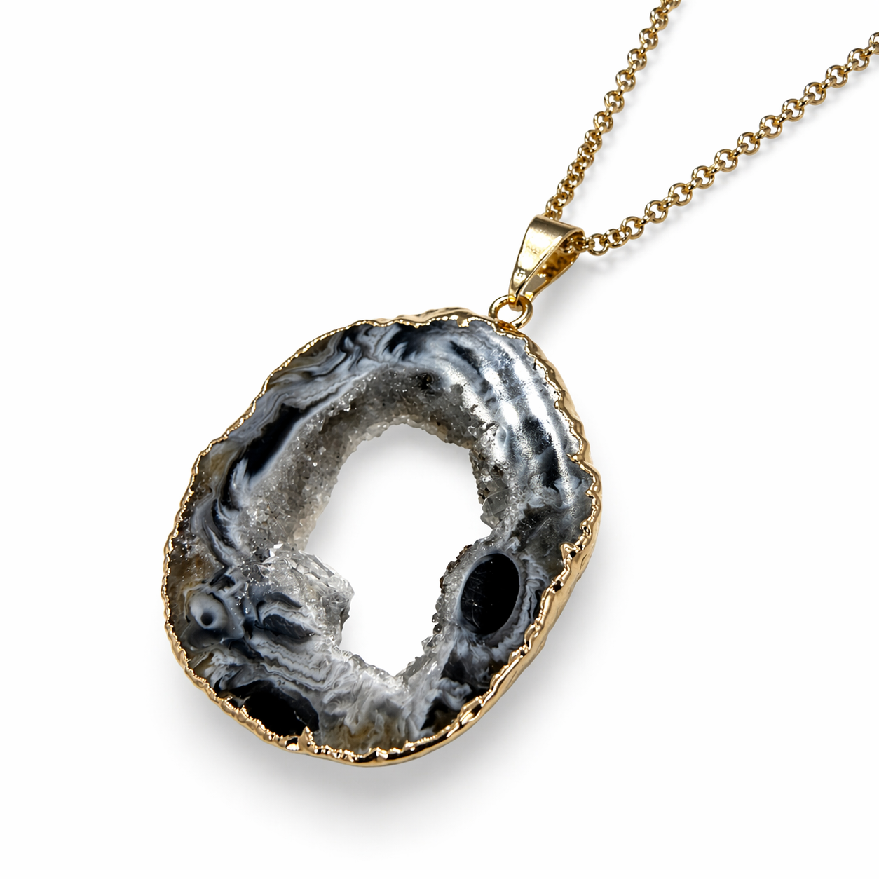 Blue Druzy Agate Oval Pendant Necklace, Gold Plated 18 Inch Chain, Handmade Brazil Gemstone Jewelry, Unique One of a Kind Statement Necklace