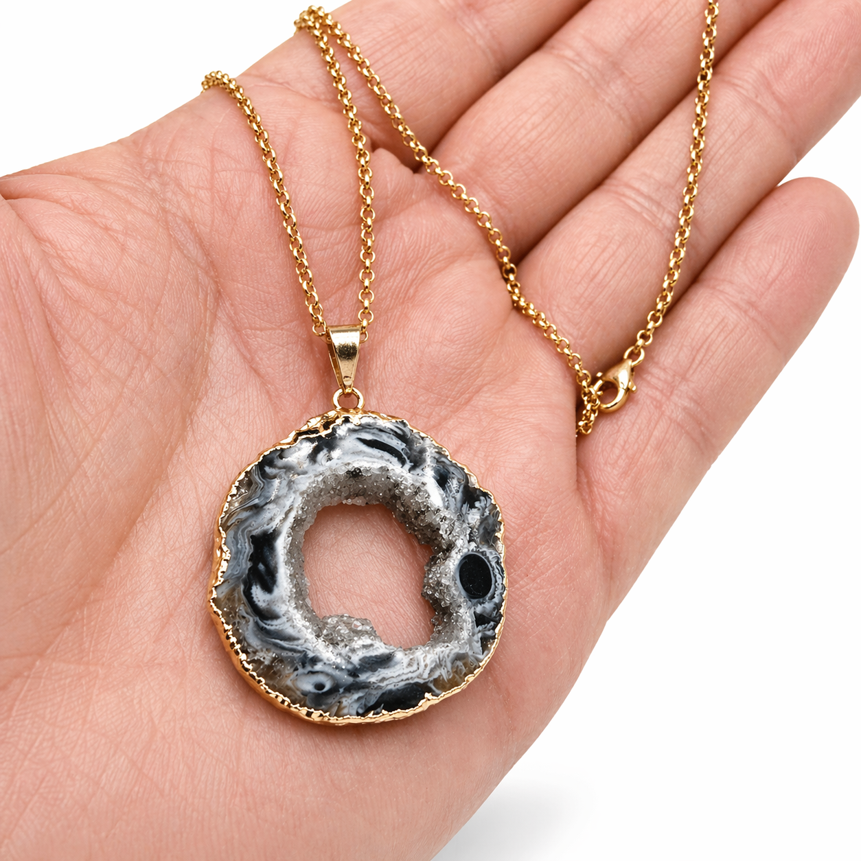 Blue Druzy Agate Oval Pendant Necklace, Gold Plated 18 Inch Chain, Handmade Brazil Gemstone Jewelry, Unique One of a Kind Statement Necklace