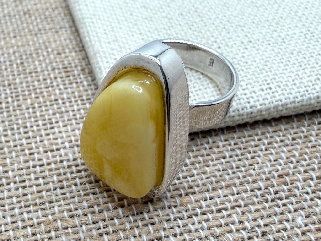 Butterscotch Baltic Amber Handmade Sterling Silver Modern Ring – Adjustable Open Shank Design