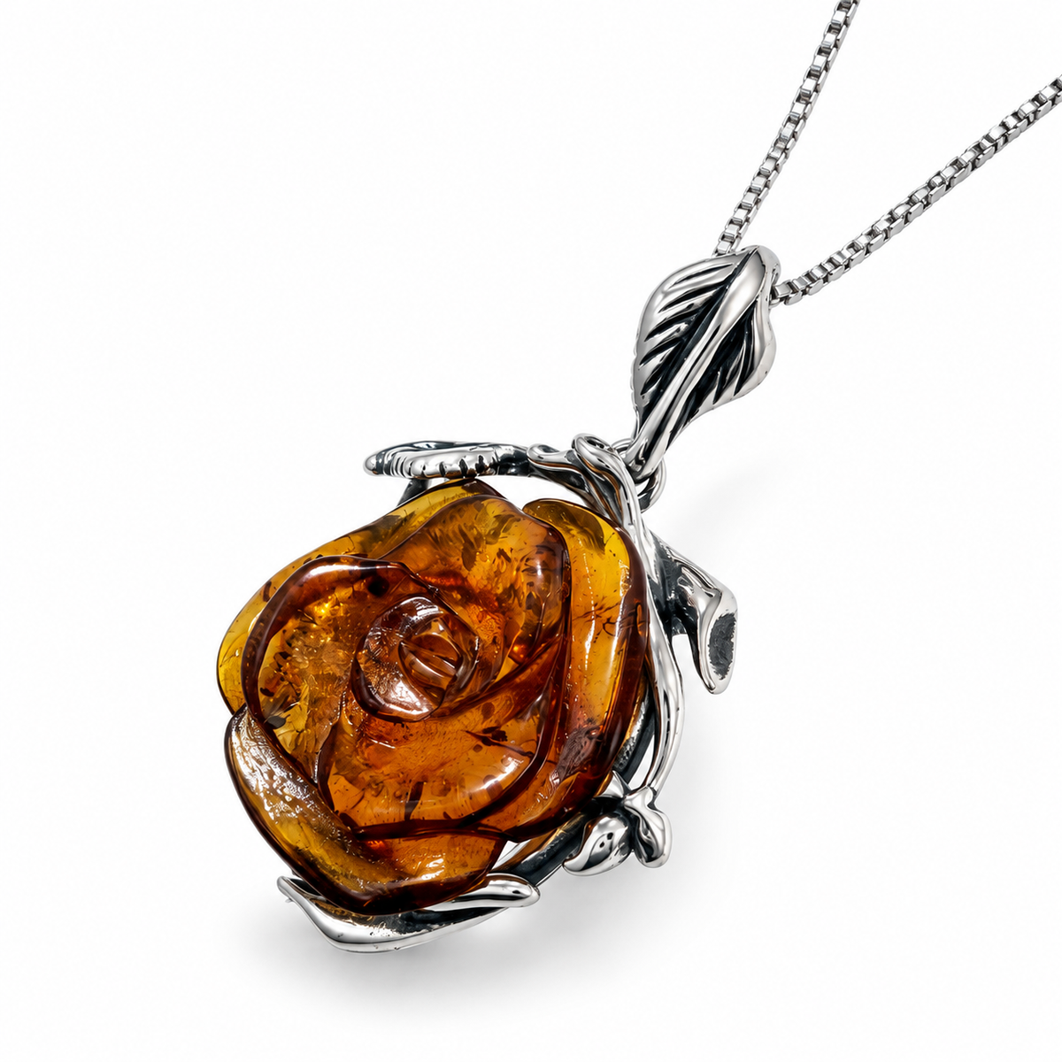 Baltic Amber Rose Necklace, Hand Carved Cognac Amber Flower