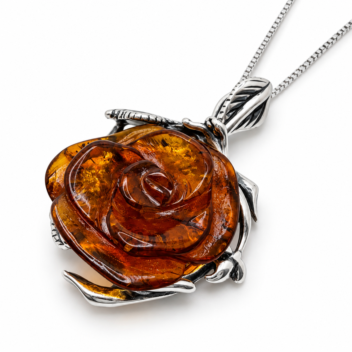 Baltic Amber Rose Necklace, Hand Carved Cognac Amber Flower